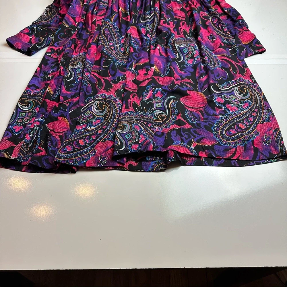 Vintage 1990s Paisley Drop Waist Midi Dress Purple Pink Bow Detail Boho - Picture 8 of 12